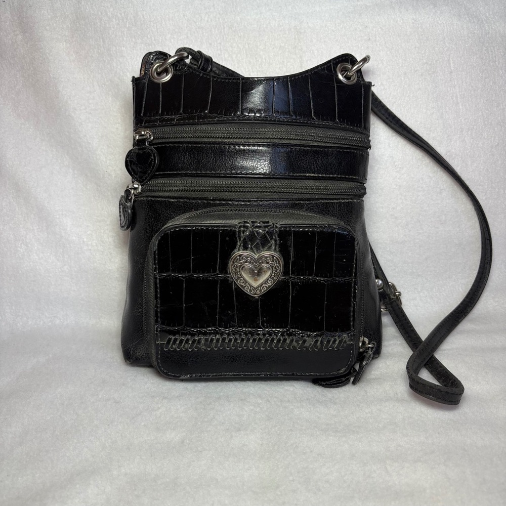 Black Croc Embossed Heart Crossbody Bag Multi Pocket Organizer Purse
